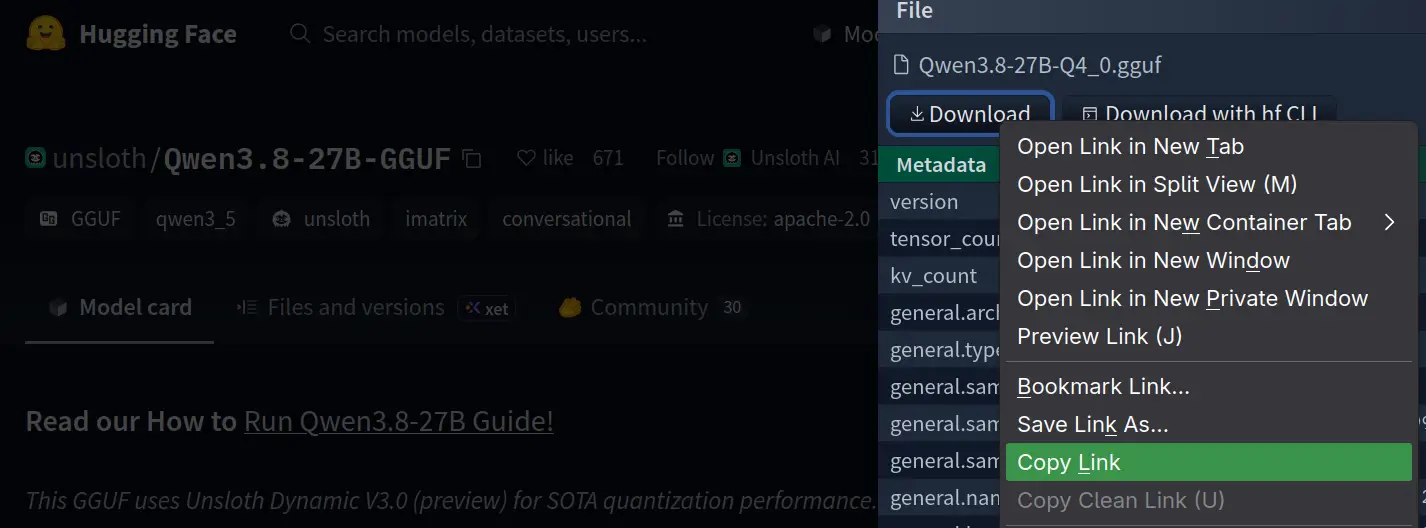 Screenshot of huggingface.co model download button from which the link can be copied.